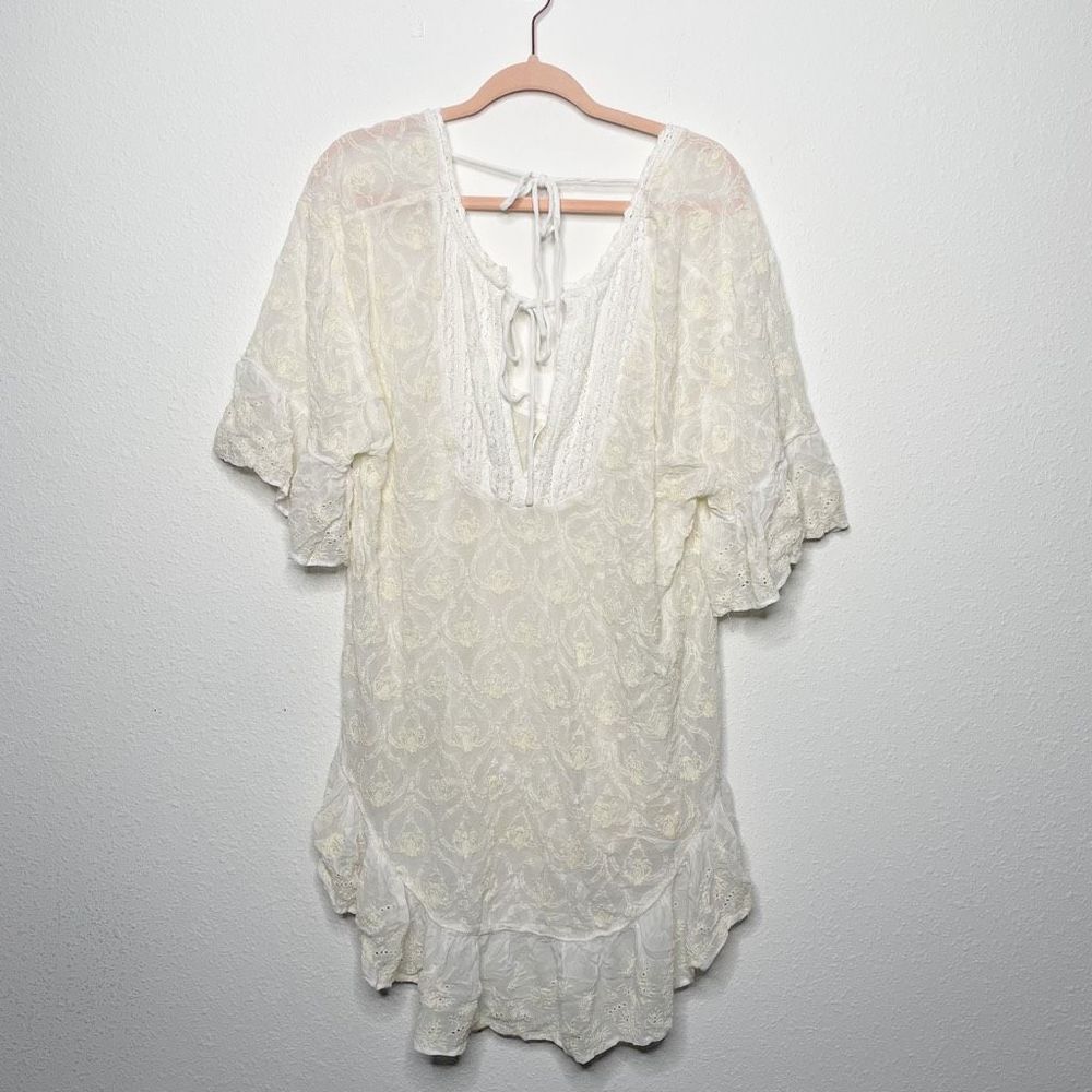 Anthropologie Ivory Embroidered V-Neck Mini Dress